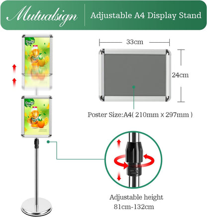 A4 Bordhouder – Bordstandaard – Posterstandaard – Displaystandaard – Menukaarthouder – Set van 6, Zilver – In Hoogte Verstelbaar 81 tot 132 cm – 360° Draaibaar