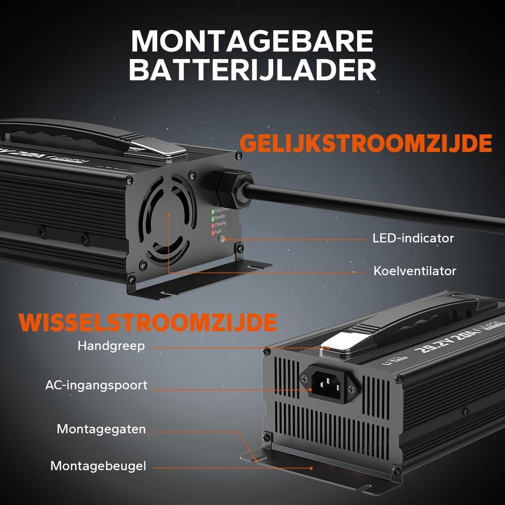 LiTime 29,2V 20A LiFePO4 Lithium Batterijlader, Opzetbare LiFePO4 Acculader met Koelventilator en Meerdere Veiligheidsbeveiligingen, Li-ion Acculader is Ontworpen voor het Opladen van LiFePO4-accu's