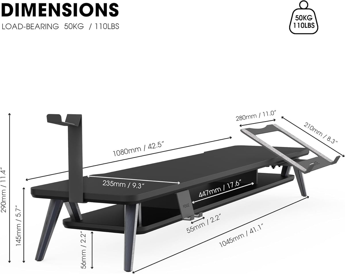 Fenge Monitor Stand, Dual Monitor Riser voor 2 monitoren met verstelbare Laptop Riser, 108cm Desk Organizer met Pad / Hoofdtelefoonhouder Max Belasting 50KG (Zwart)