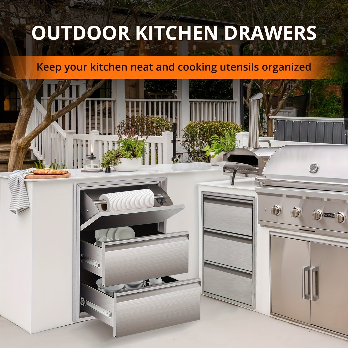 Buitenkeukenlade – BBQ Lade – Opberglade – RVS Lade – Buitenlade – Roestvrij Staal – Geïntegreerde Papieren Houder – 45,7 x 58,4 x 58,4 cm – Weerbestendig & Soepel Uitschuifsysteem