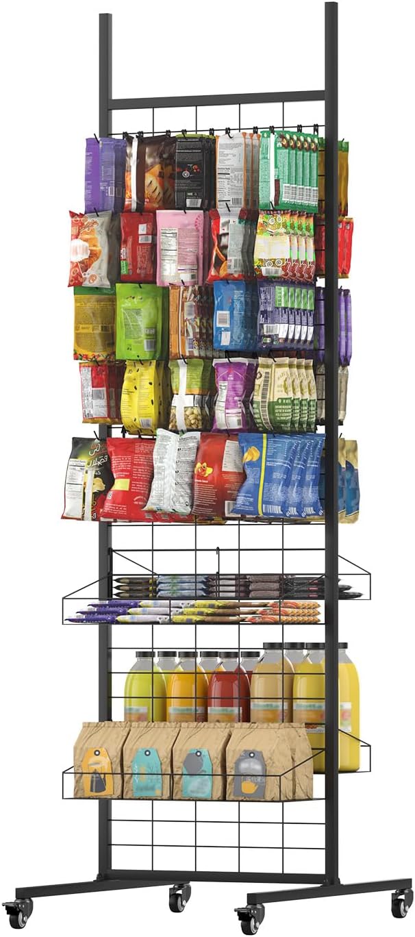 Pegboard displaystand – Displayrek – Winkelrek – Presentatierek – Displaystandaard – Zwart, vrijstaand model met wielen – Inclusief 50 haken en 4 planken – 70 x 51 x 178 cm