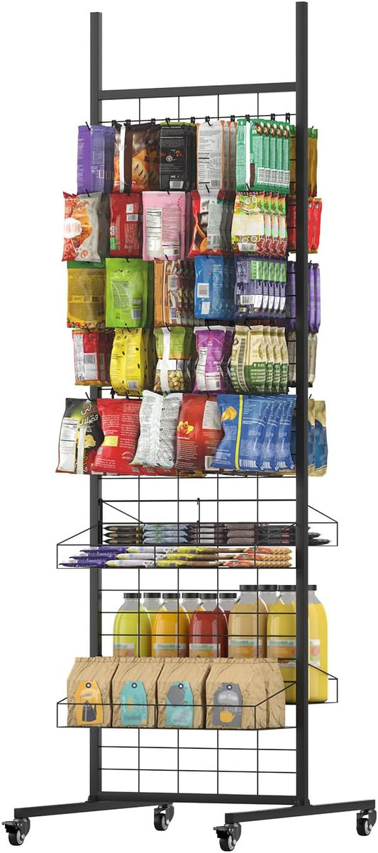 Pegboard displaystand – Displayrek – Winkelrek – Presentatierek – Displaystandaard – Zwart, vrijstaand model met wielen – Inclusief 50 haken en 4 planken – 70 x 51 x 178 cm