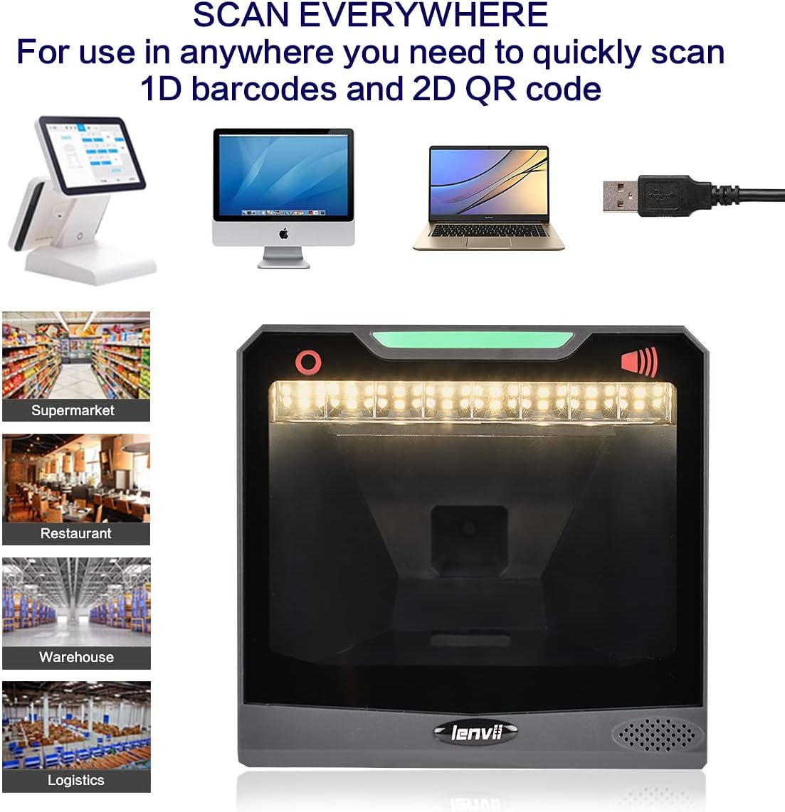 LENVII E688 barcodescanner 1D / 2D / QR, plug & play USB Automatische omnidirectionele barcodescanner, desktop barcodescanner voor Windows/Mac/Linux PC