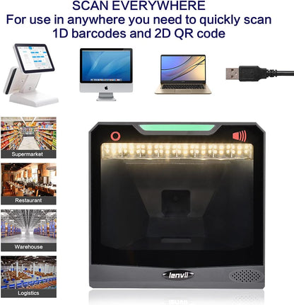 LENVII E688 barcodescanner 1D / 2D / QR, plug & play USB Automatische omnidirectionele barcodescanner, desktop barcodescanner voor Windows/Mac/Linux PC