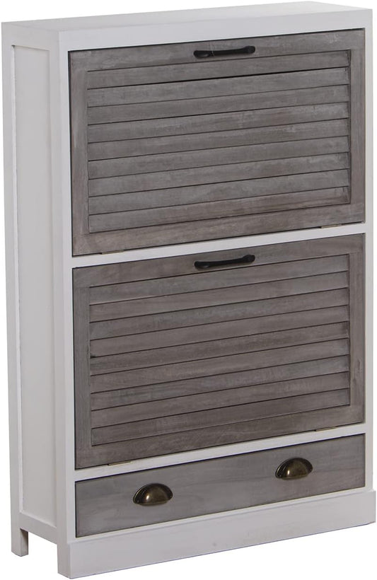 DRW Schoenenkast met 2 deuren en 1 lade van Paulownia in wit en grijs, 65 x 20 x 94 cm