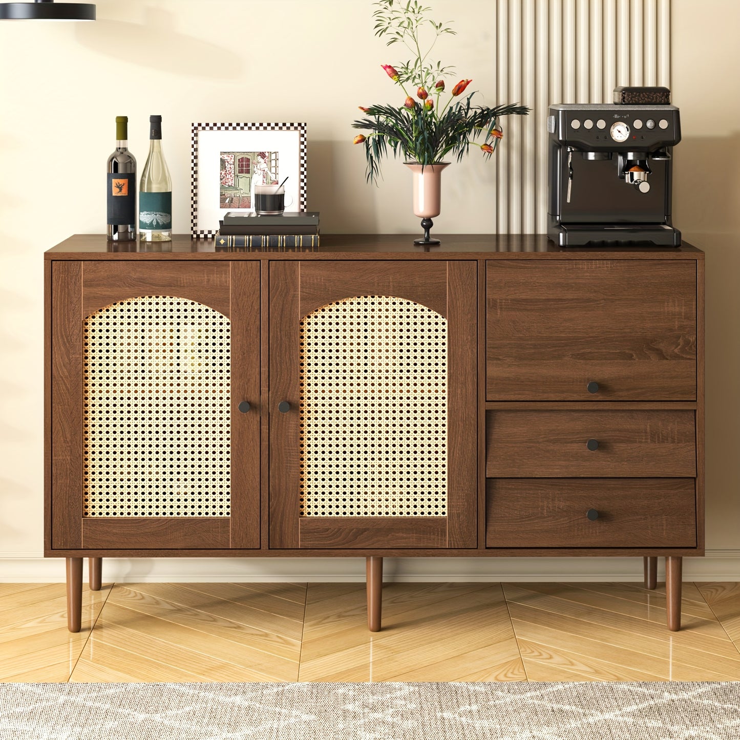 Rustic Sideboard With Rattan Doors - 130 X 75.5 X 40 Cm - Magnetic Suction Cups, Adjustable Shelves, Solid Structure - Elegant And Versatile Design, Storage Drawer Units