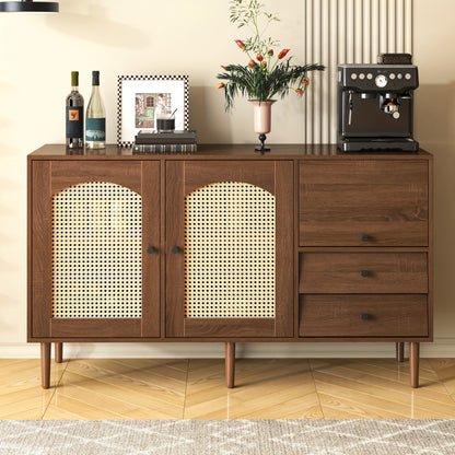 Rustic Sideboard With Rattan Doors - 130 X 75.5 X 40 Cm - Magnetic Suction Cups, Adjustable Shelves, Solid Structure - Elegant And Versatile Design, Storage Drawer Units