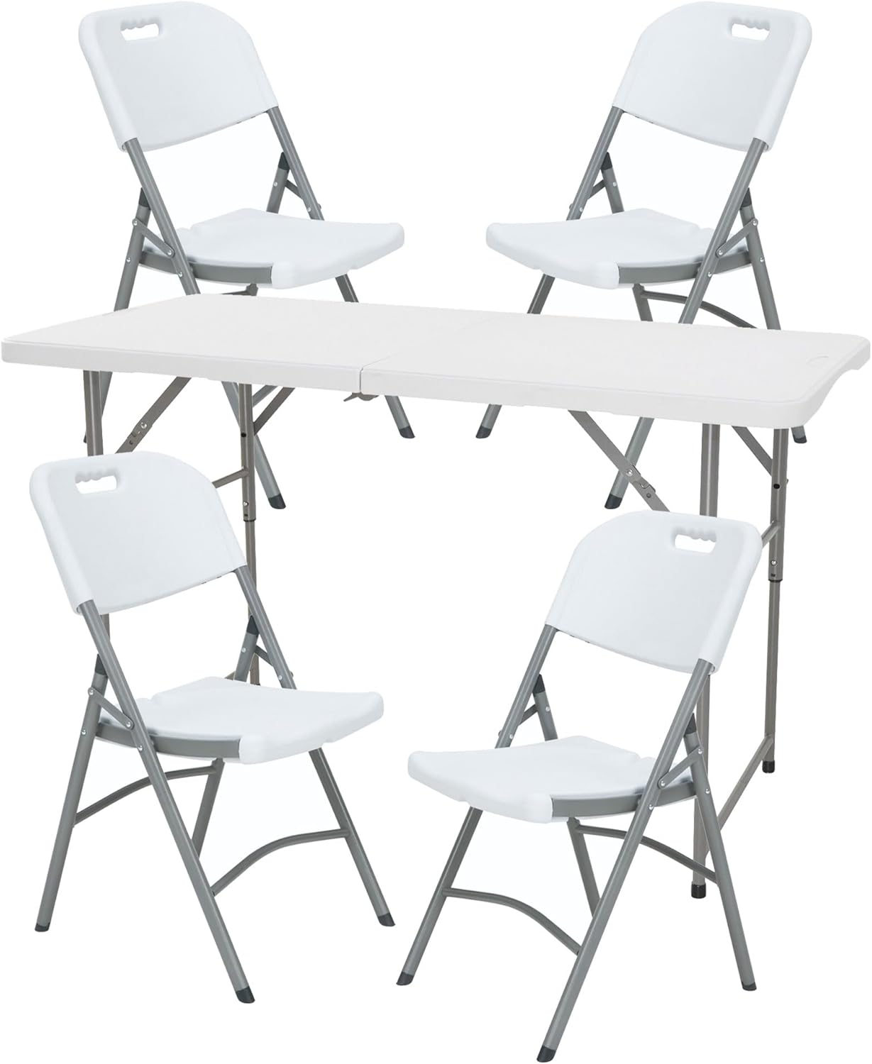 Klaptafel in hoogte verstelbaar van 122 x 60 x 50-74 cm en set met 4 klapstoelen van 51 x 45 x 85,5 cm, ideaal voor buiten