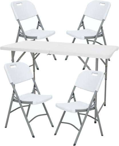 Klaptafel in hoogte verstelbaar van 122 x 60 x 50-74 cm en set met 4 klapstoelen van 51 x 45 x 85,5 cm, ideaal voor buiten