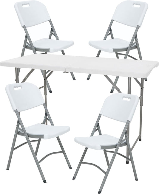 Klaptafel in hoogte verstelbaar van 122 x 60 x 50-74 cm en set met 4 klapstoelen van 51 x 45 x 85,5 cm, ideaal voor buiten