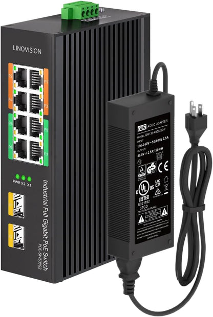 LINOVISION Industriële 8-poorts volledige Gigabit POE-switch met 4 BT 90W PoE-poorten, totaal POE-budget 120W, POE-waakhond, DIN-rail POE-switch voor PTZ-camera/POE-verlichting/ POE-monitor