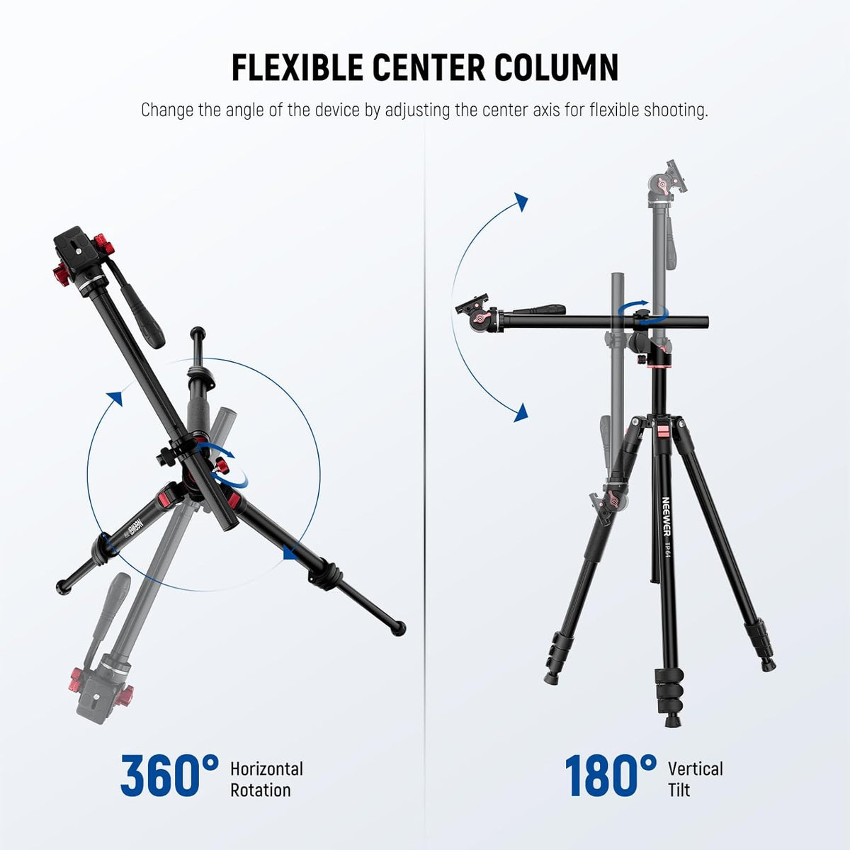 NEEWER Horizontaal monopod statief voor camera met vloeibare kop en flexibele middenkolom, 228 cm hoge metalen DSLR-video-reishouder, Arca-QR-code en omgekeerde voeten, belasting 6 kg, TP64