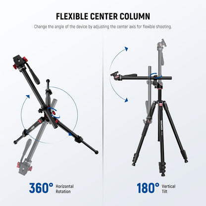 NEEWER Horizontaal monopod statief voor camera met vloeibare kop en flexibele middenkolom, 228 cm hoge metalen DSLR-video-reishouder, Arca-QR-code en omgekeerde voeten, belasting 6 kg, TP64