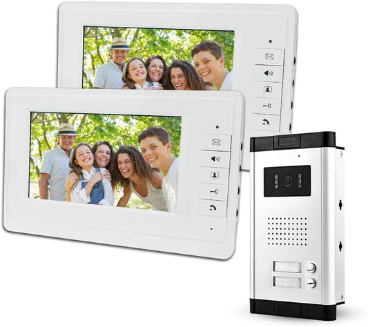 LIBO 7 inch bedraad video-deurbel deurtelefoonsysteem 2 monitoren met 1 IR-camera, twee belknoppen, nachtzicht, 800x480 hoge resolutie, geschikt voor 2 gehuisvest voor meerdere appartementen / gezinnen