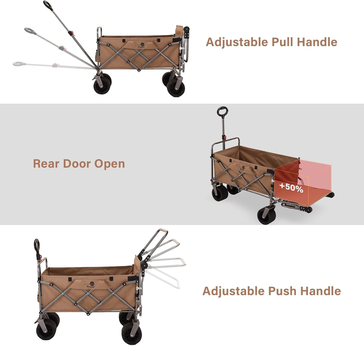 Opvouwbare Bolderwagen met Brede Wielen en Rem, 120KG Transportkar voor Multi-Terrein met Opvouwbare Achterklep, Tuinwagen Campingkar voor Picknick, Vissen, Buiten (Met Tafelblad)