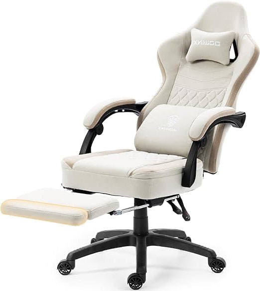 Dowinx Gaming Chair, Fabric with Extendable Folding Footrest, Ergonomic Office Chair with Gel Cushion and Pocket Spring Cushion, Massage Gaming Chair, Adult Gaming Chair, Beige - QUORE