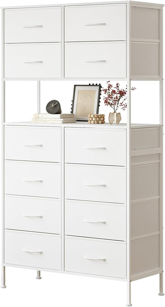 Ladekast met 12 laden, Opbergkist met Open Middenontwerp, Hoge Ladekast voor Slaapkamer, Stoffen Dressoir, Metalen Frame, Wit