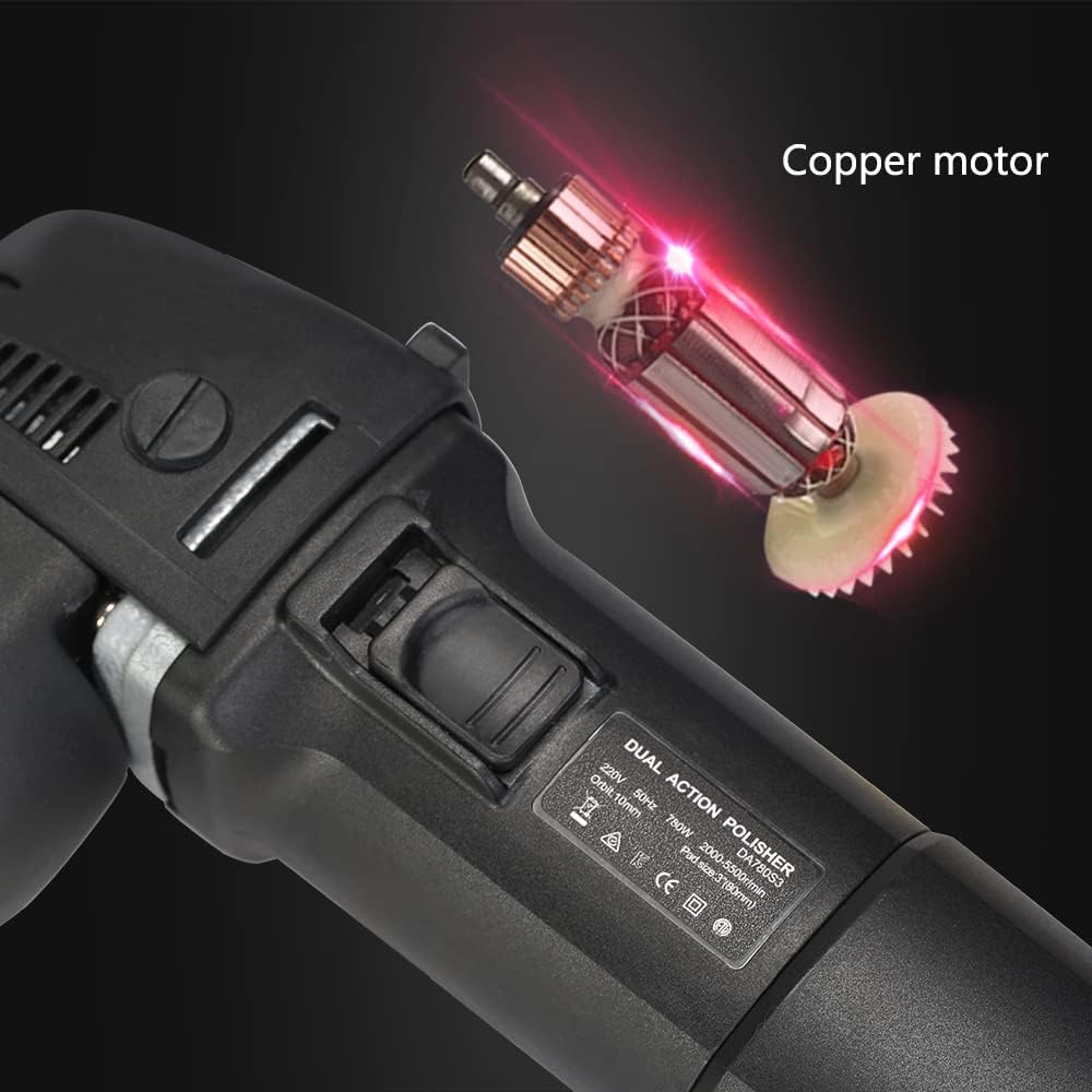 SPTA Polijstmachine, 9 mm, 750 W, excentrisch, snelheid 2500-5500 tpm, 80 mm polijstschijf, polijstspons, polijstpad, zijgreep
