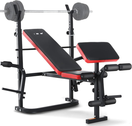 ISE Multifunctionele trainingsbank, halterbank, verstelbaar, inklapbaar, met beencurler, semi-professioneel, huishoudelijk fitnessapparaat voor kniebuigingen, bankdrukken, rompbuiging, belastbaar tot 120 kg - QUORE