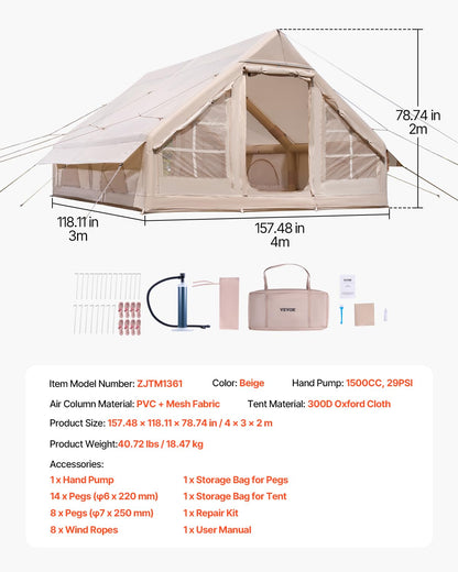 VEVOR Opblaasbare tent voor camping, opblaasbare tent voor 5-8 personen met handpomp, glampingtent 300D Oxford, 4 seizoenen, met ovenbus, 2 deuren en 4 netramen, opbergtas