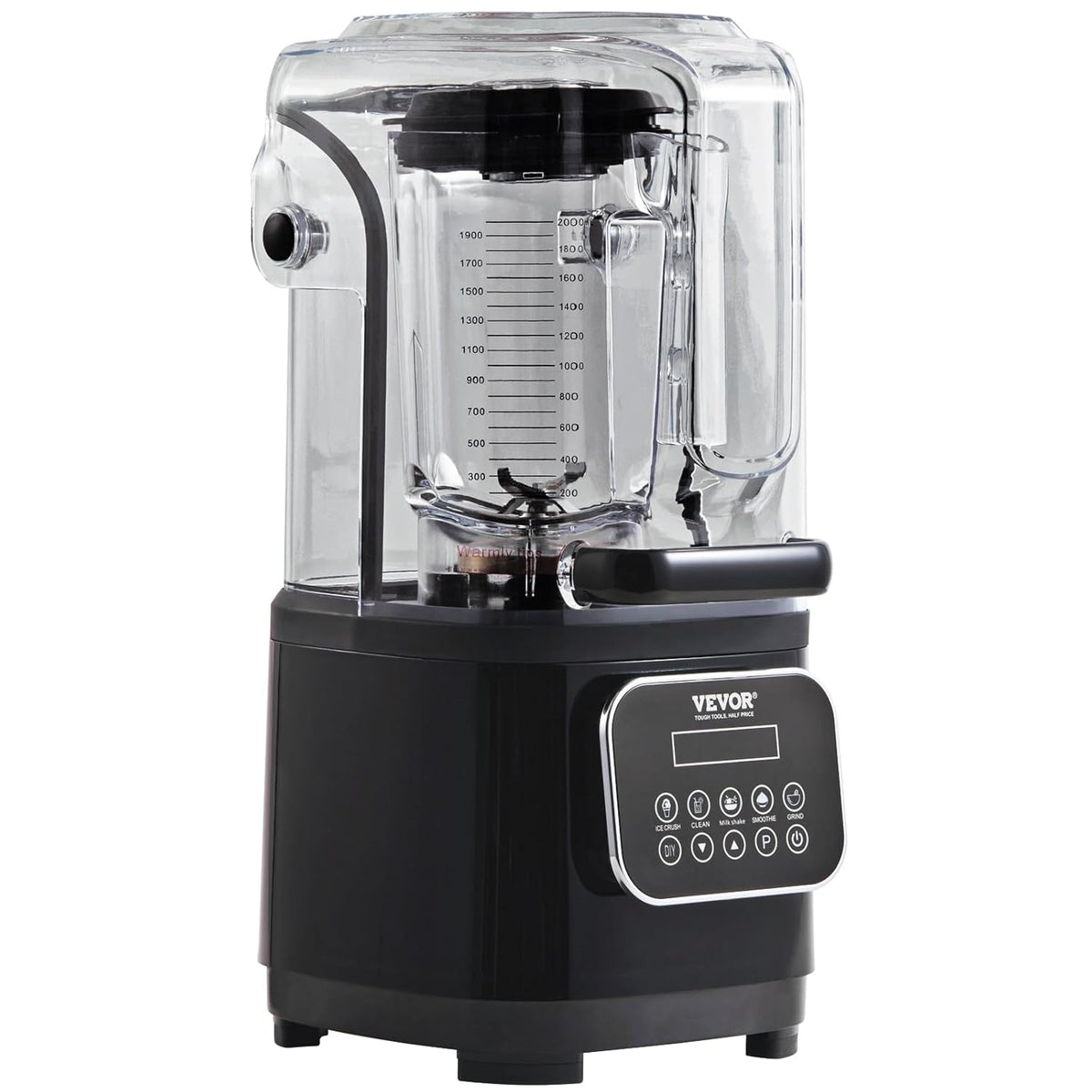 VEVOR Professionele blender met bescherming, gecombineerd met 2 l glazen kruik, roestvrij staal, 9 snelheden en 5 functies, voor smoothies, zwart, 280 x 240 x 505 mm
