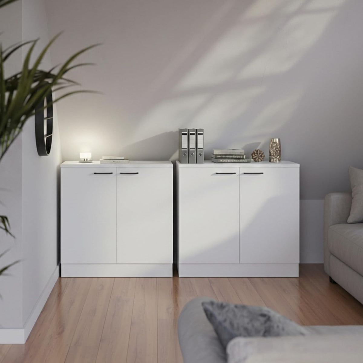 INNOVAHOME Knee Shelter Cabinet 80 cm – Low Loft Cabinet for Angled Walls with Robust Structure 18 mm (Hull & Back Wall), Metal Handles and Adjustable Legs – Polar White - QUORE