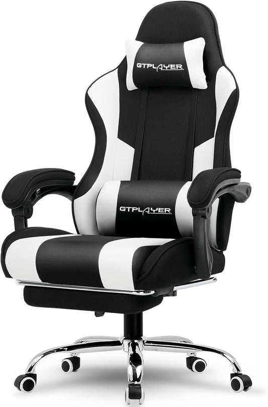 GTPLAYER Game Chair Massage, Gaming Office Chair Ergonomic with Footrest, Adjustable Headrest and Lumbar Support, Height Adjustable,Black and White Fabric - QUORE