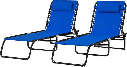 Outsunny 2 Piece Folding Sun Loungers, Outdoor 4 Levels Adjustable Backrest Reclining Chaise Chairs, Steel Frame Recliner for Camping, Hiking, Navy Blue - QUORE