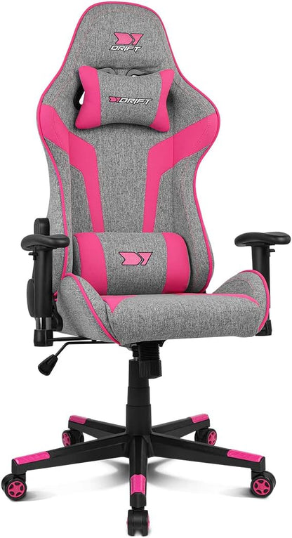 DRIFT Gaming Chair DR90 -DR90GP - Professionele Gaming Stoel, ademende stof, gestoffeerde 2D armleuningen, versterkte nylon basis, klasse 4 zuiger, kantelbaar, lumbaal/cervicaal kussen, grijs/roze