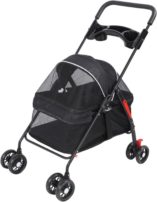 4 Wielen Huisdierenwagen, Kleine Hondenwagen, Mesh Opvouwbare Kattenwagen met bekerhouder en opbergvak, Lichtgewicht kinderwagen voor kleine middelgrote hond met schokdemping, zwart