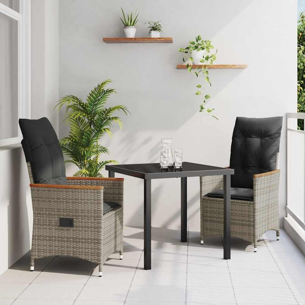 vidaXL Tuin Eetset met kussen 3 pcs Grijs Poly riet, Moderne buiten eettafel, weerbestendig tuinmeubilair, stijlvolle lounge, veelzijdig ontwerp - QUORE