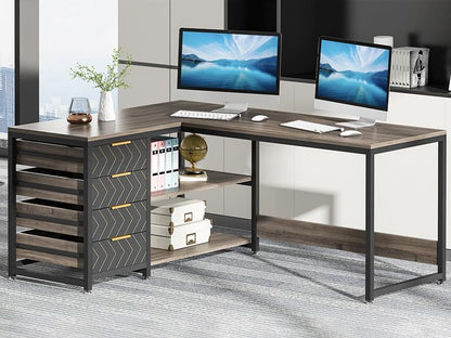 Tribesigns L-Shape Corner Desk with Shelves, Reversible L-Shape, with Monitor Stand and Shelves, for Office, Home, Brown, 150 x 120 x 75 cm (Grey)