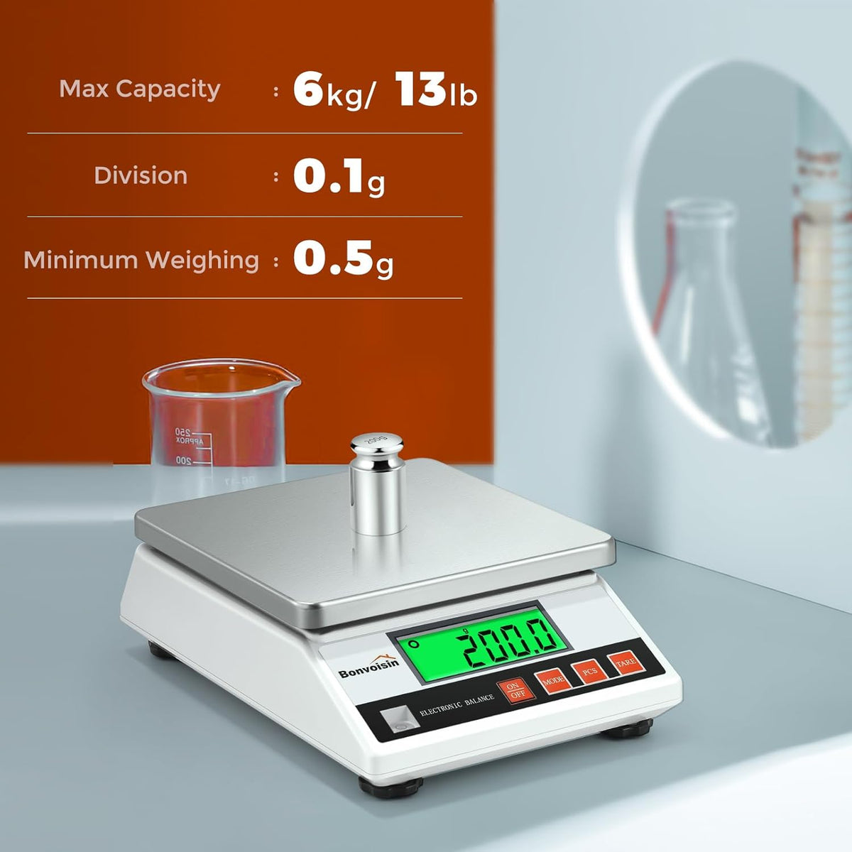 Bonvoisin 0,1 g, 5 kg - 10 kg, digitale elektronische weegschaal, hoge precisie, draagbaar, laboratorium, analytische weegschaal, industrieel wegen, CE-gecertificeerd (6 kg, 0,1 g)