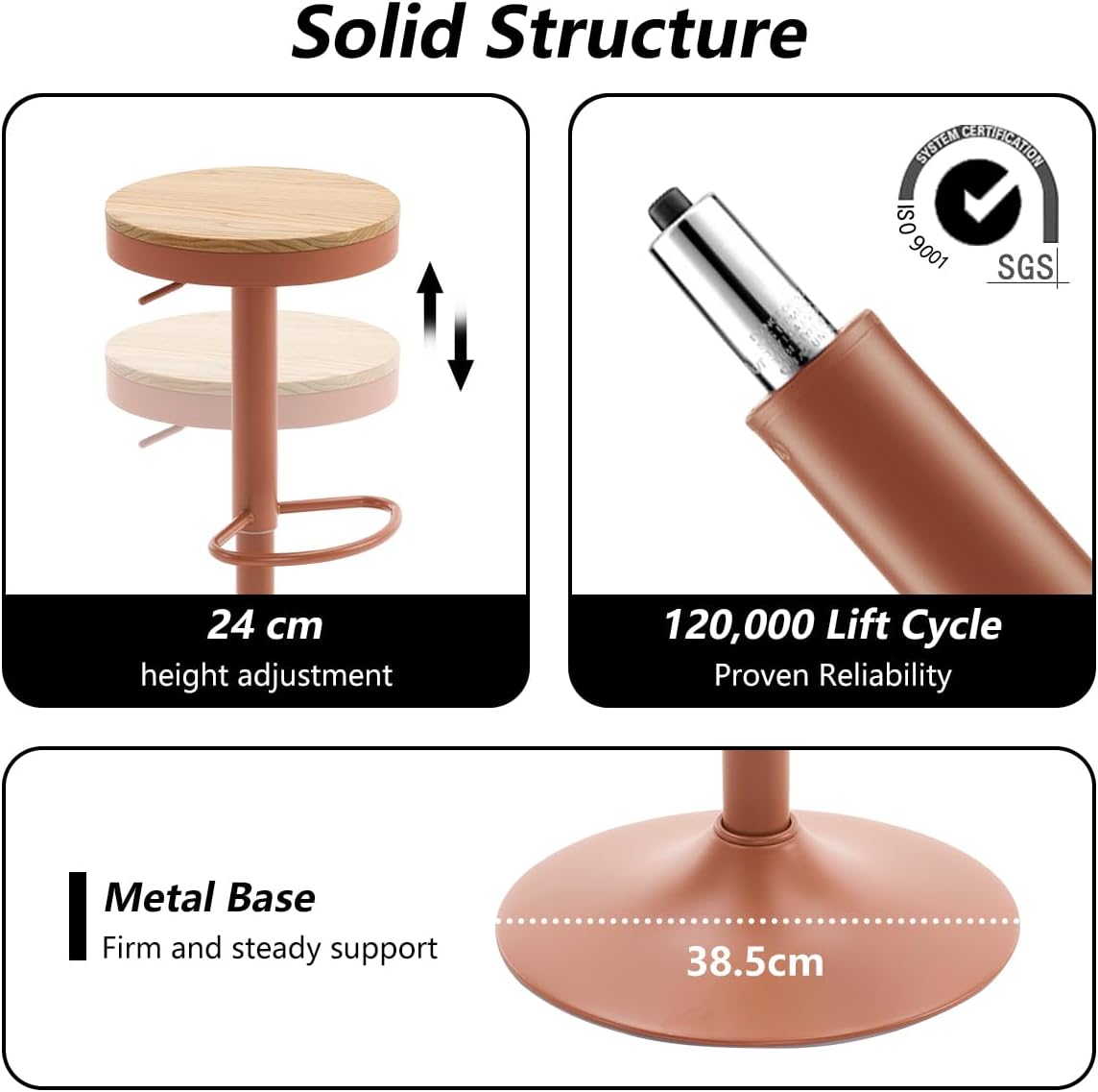 YOUNIKE Barkruk, set van 2, hout, in hoogte verstelbaar, draaibaar, barkruk, keukenkruk, hoogte barstoelen met voetensteun, voor bar, keuken, draaikruk van massief metaal, terracotta
