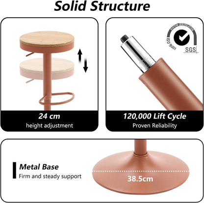 YOUNIKE Barkruk, set van 2, hout, in hoogte verstelbaar, draaibaar, barkruk, keukenkruk, hoogte barstoelen met voetensteun, voor bar, keuken, draaikruk van massief metaal, terracotta