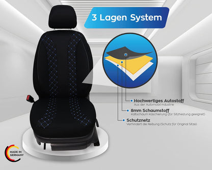 BREMER SITZBEZÜGE Autostoelhoezen compatibel met VW Golf 7, bestuurder en passagierset vanaf 2012-2020, autostoelhoezen, set van 2 stuks, in zwart/blauwe naad (N306)