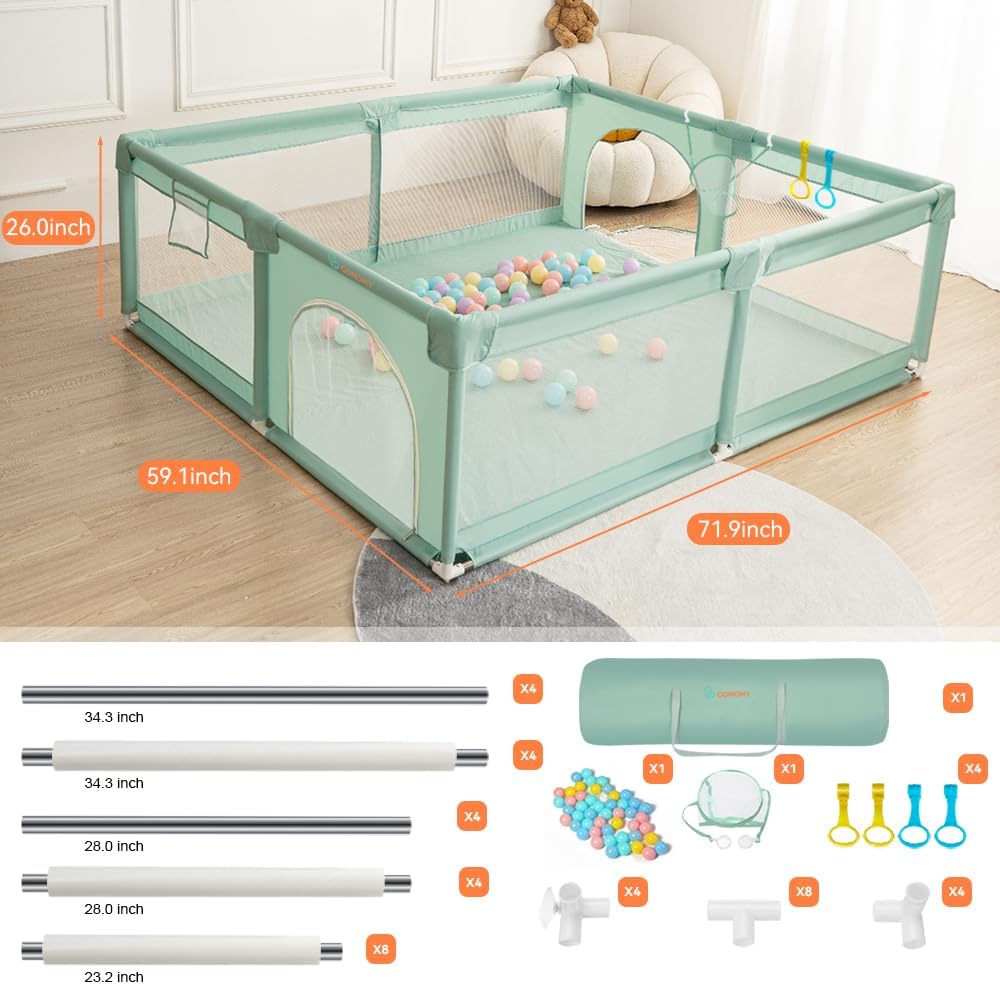 COMOMY Baby Playpen 180 x 150 x 66 cm Playpen for Babies and Toddlers, Large Playpen with Activity Centre for Children, Indoor & Outdoor, Playground with Non-Slip Bottom, Breathable Mesh (Green) - QUORE