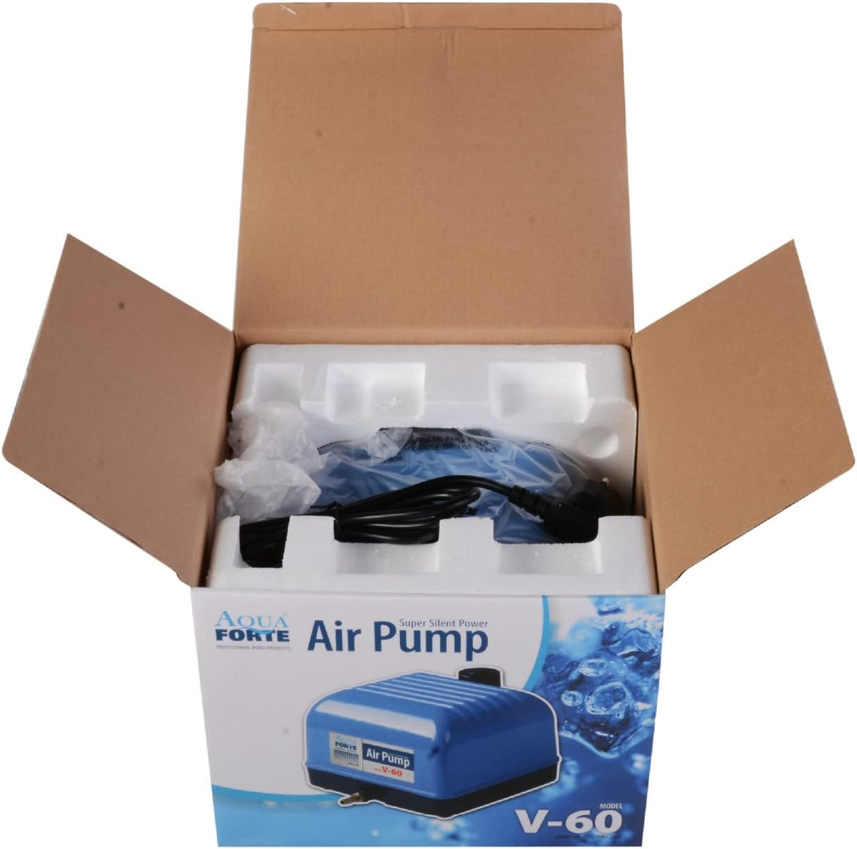 AquaForte Hi-Flow V-60 luchtpompset, complete set met luchtverdelers, 50 m slang 4 x 6 mm en 10 luchtstenen 5 cm, capaciteit bij 2 meter 40 liter per minuut, maximale vijver 36 m3