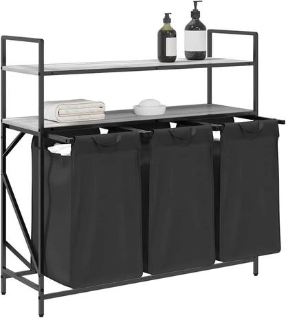 Wasmand – Wasbak – Wasrek – Wasopvang – Wascontainer – 3 Compartimenten – Stalen Frame Met Houten Planken