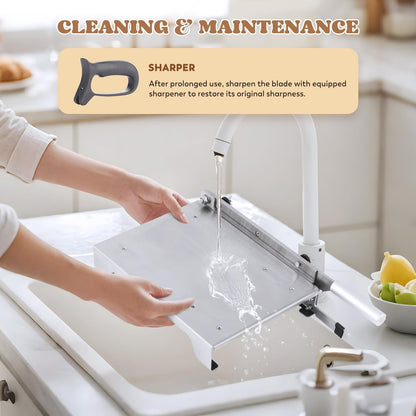 Moongiantgo Handmatige snijmachine Bevroren Vlees Snijmachine Botten Snijmachine Roestvrij Staal Dubbele Bladen, Verstelbare Dikte 0-15 mm voor Ribben Lamsvlees Varkensvlees Vis Groenten (KD0289)
