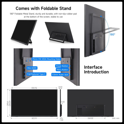 LUCKFOX 18.5" Portable Monitor with Stand - Plug and Play Ultra Thin/Light USB-C HDMI Second Monitor 1080P FHD 178° Viewing 120Hz Dual-Track HiFi Speaker for Raspberry Pi/Jetson/PC/Game Console/Phone - QUORE