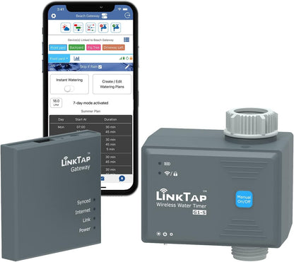 LinkTap G1S Draadloze Watertimer & Gateway - Cloudgestuurde Bewateringstimer met Slimme App voor Tuinen, Ruimer Bereik dan WiFi, Weerbewust, Manueel Aan/Uit & Digitale Lockout, IP66