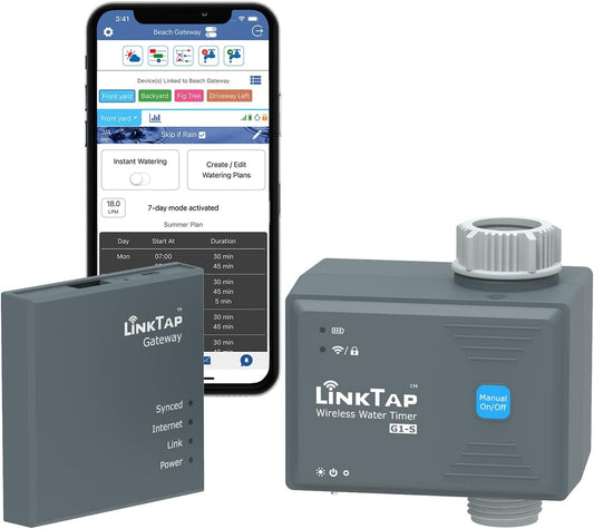 LinkTap G1S Draadloze Watertimer & Gateway - Cloudgestuurde Bewateringstimer met Slimme App voor Tuinen, Ruimer Bereik dan WiFi, Weerbewust, Manueel Aan/Uit & Digitale Lockout, IP66