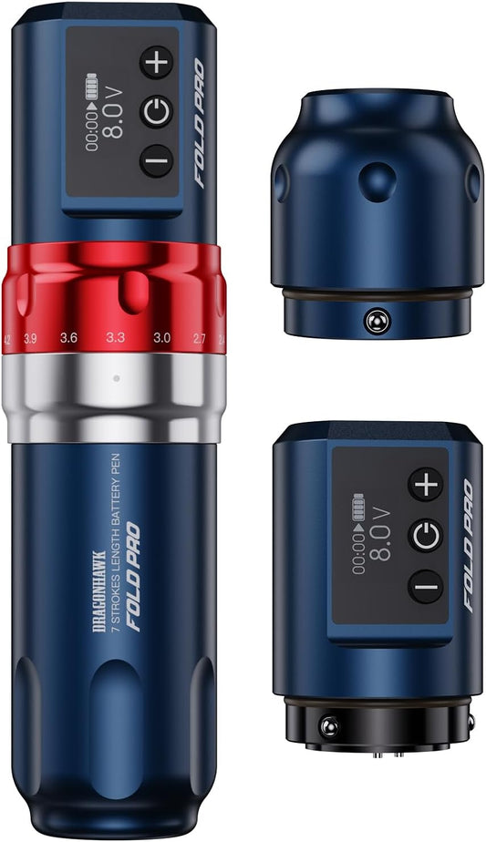 Dragonhawk Fold Pro Wireless Tattoo Maschine Pen Battery Tattoo Pen Rotary Pen Maschine with Battery Adjust Stroke Length 2.4 to 4.2mm (BLUE)