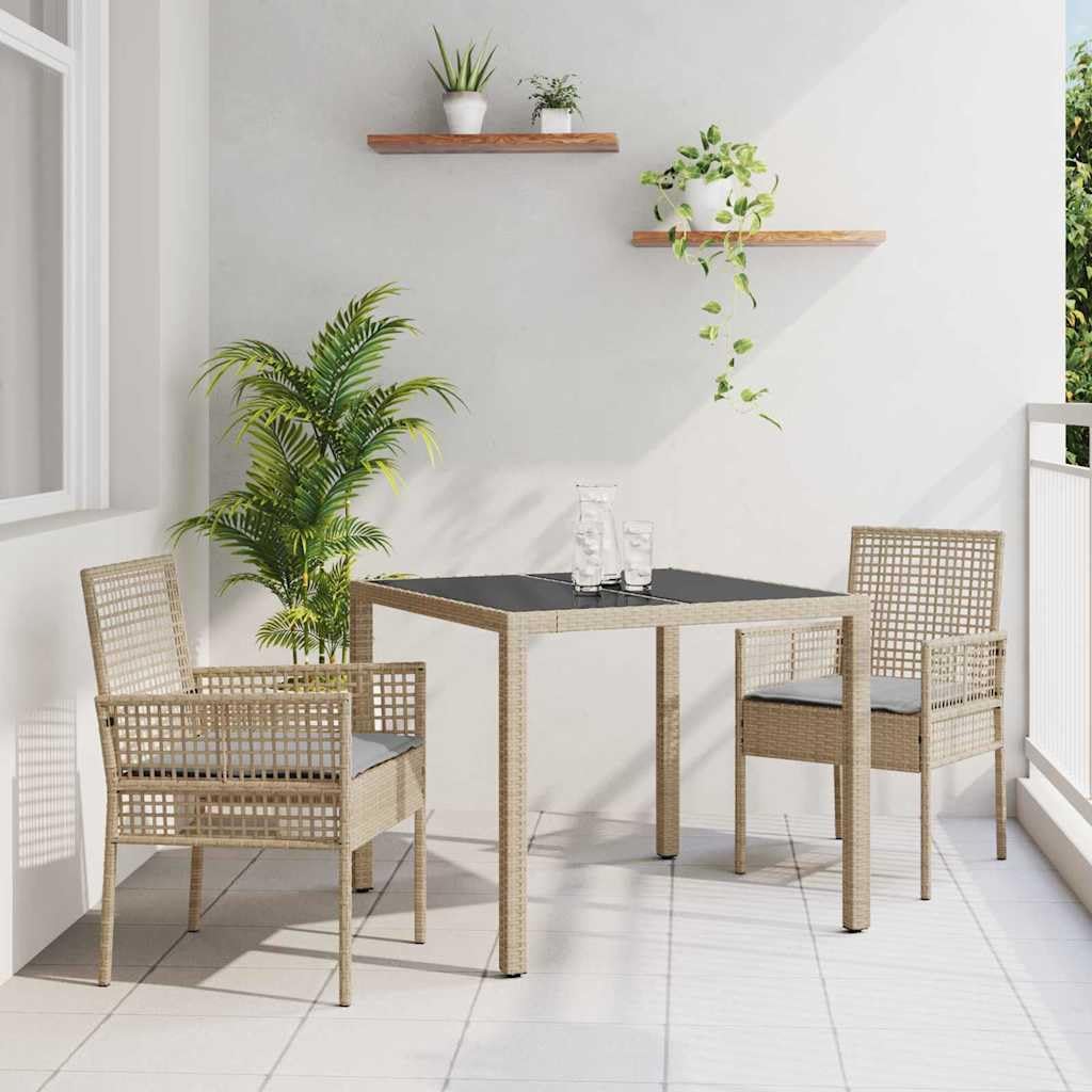 vidaXL Tuin eettafelset 3 pcs Beige poly rattan, Tuin en Terras, Modern Buiten Eetset, Stevige Poly Rattan meubels, Glazen Tafel, Lounge Groep, Zitplekken - QUORE