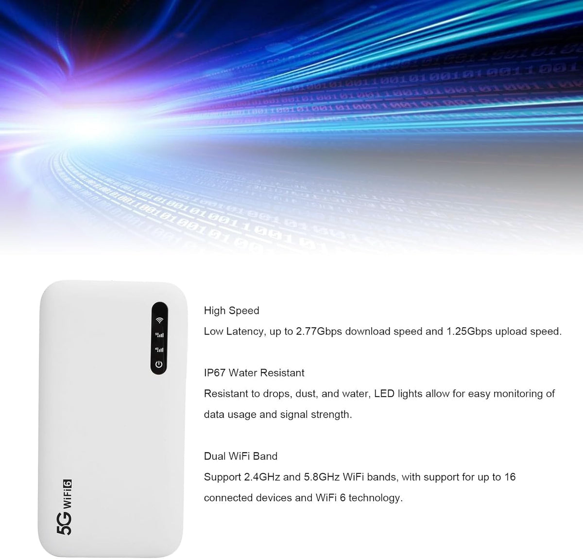 5G WiFi Draagbare Hotspot-router, 2,77 Gbps Ultrasnelle Snelheid, 16 Apparaten, 6100 MAh Batterij, WiFi 6, 5G NR / 4G TDD