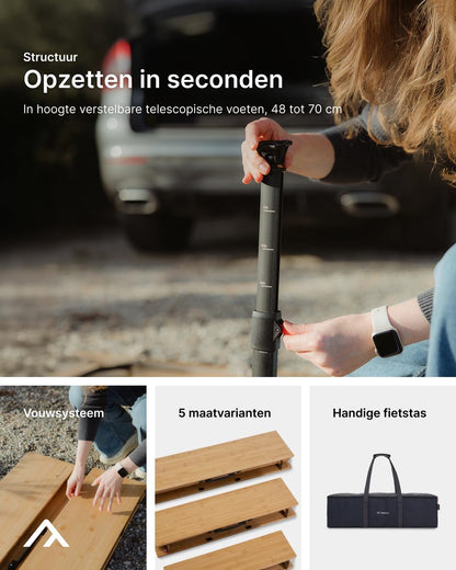 qeedo Kimmy L, Campingtafel met Bamboe Tafelblad, 110 x 110 cm, Hoogte Verstelbaar