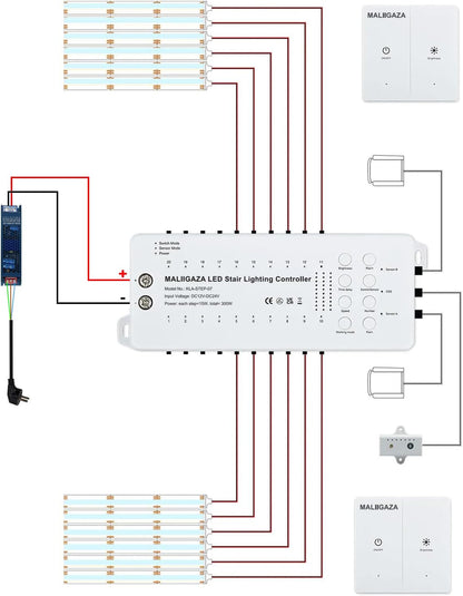 Intelligente led-traplichtset, 12 niveaus, bewegingsmelder, 2 x draadloze schakelaar, daglichtwit (6000 K), IP30, incl. voeding en verlengkabel