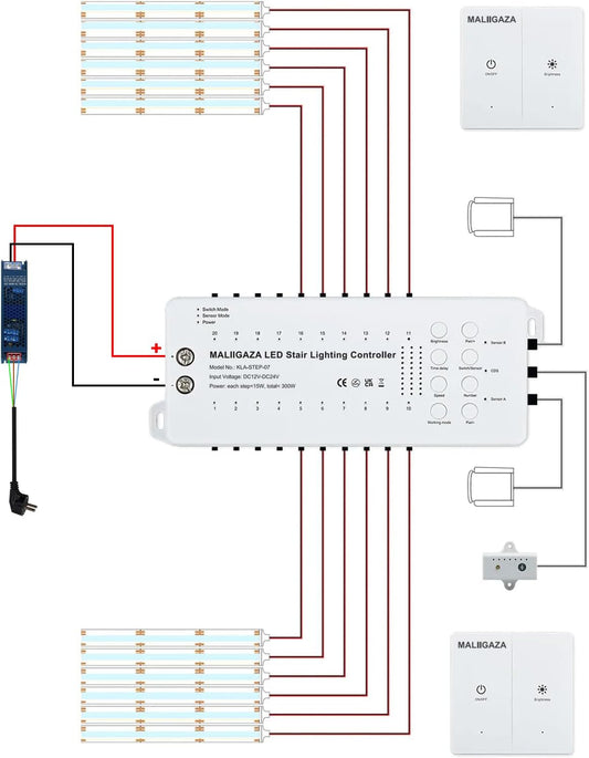 Intelligente led-traplichtset, 12 niveaus, bewegingsmelder, 2 x draadloze schakelaar, daglichtwit (6000 K), IP30, incl. voeding en verlengkabel