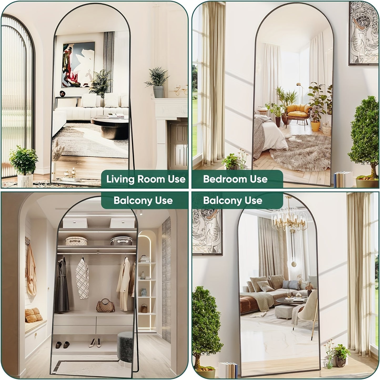 Vloerspiegel – Volledige Lengte Spiegel – Staande Spiegel – Grote Spiegel – Boogspiegel – Aluminium Frame – Schokbestendig Glas – 180x66 cm – Vrijstaand Design